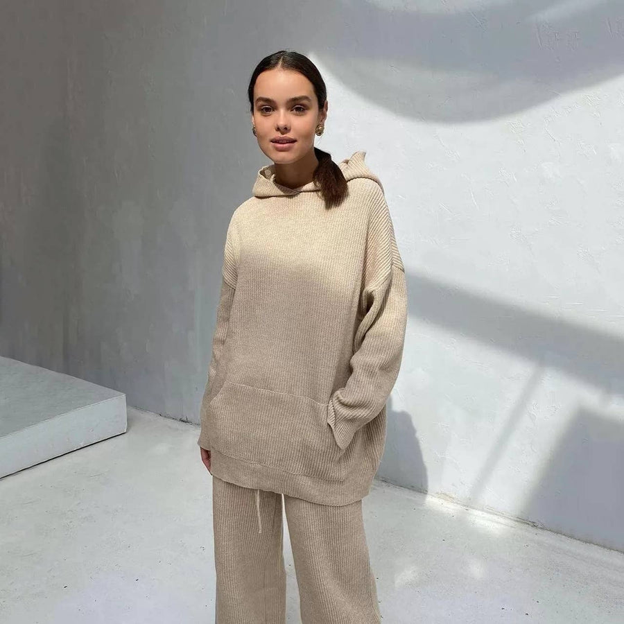 Solid Color Hoodie Top and Pant Set Sweater Set