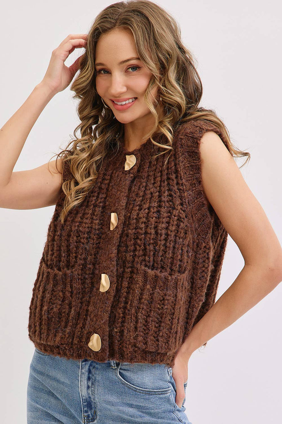 CHUNK SWEATER KNIT VEST : Brown
