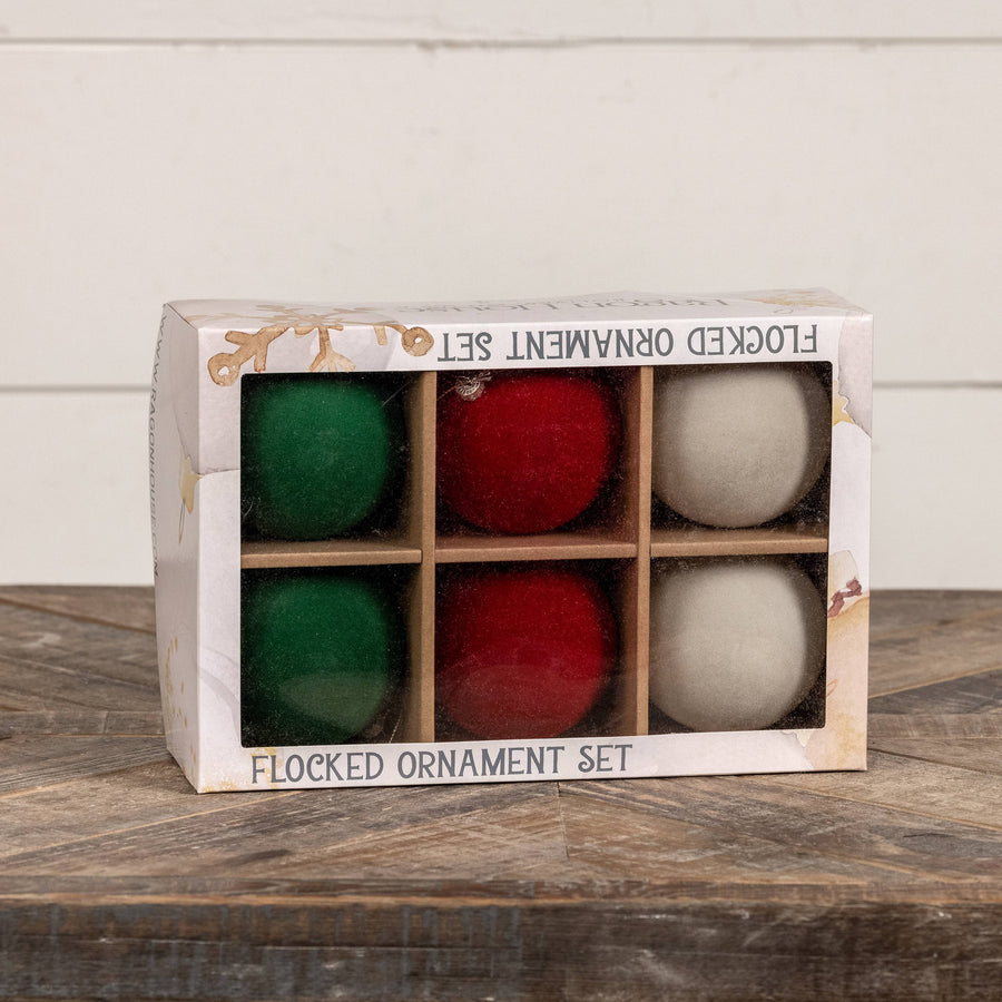 SET/ 6 - 3.25" GREEN, RED & WHITE FLOCKED BALLS