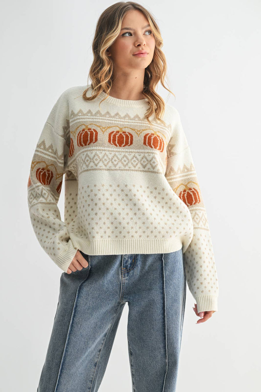 PUMPKIN JACQUARD SWEATER / WL25-11190: OFF WHITE COMBO / L
