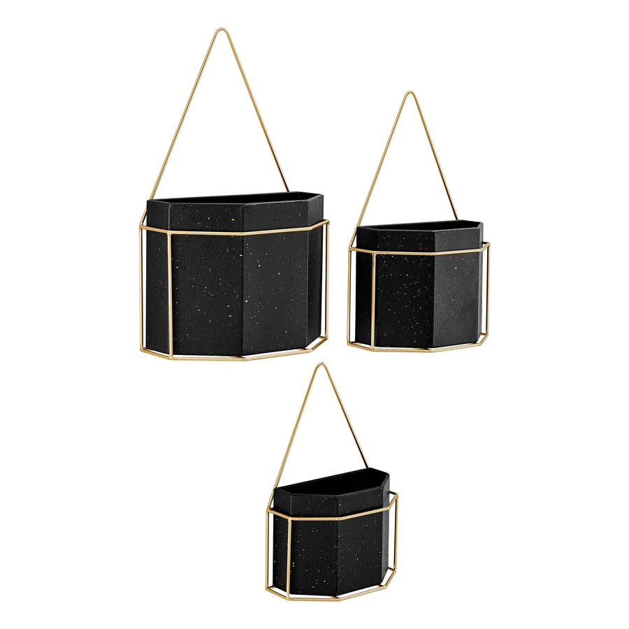 Geometric White or Black and Gold Wall Planters Set of 3