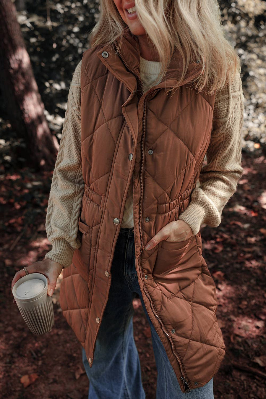 Longline Quilted Stand Collar Puffer Vest: Coffee