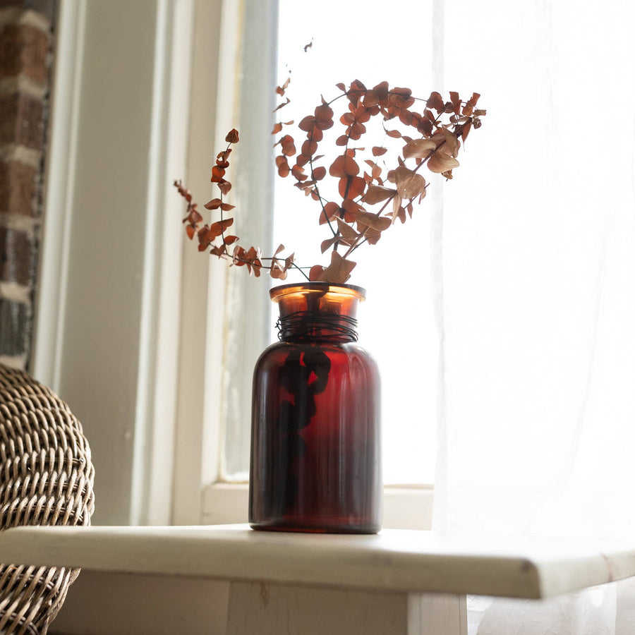 Foreside Home & Garden - Faye Wrapped Neck Bud Vase Amber Glass & Metal, Fall Decor