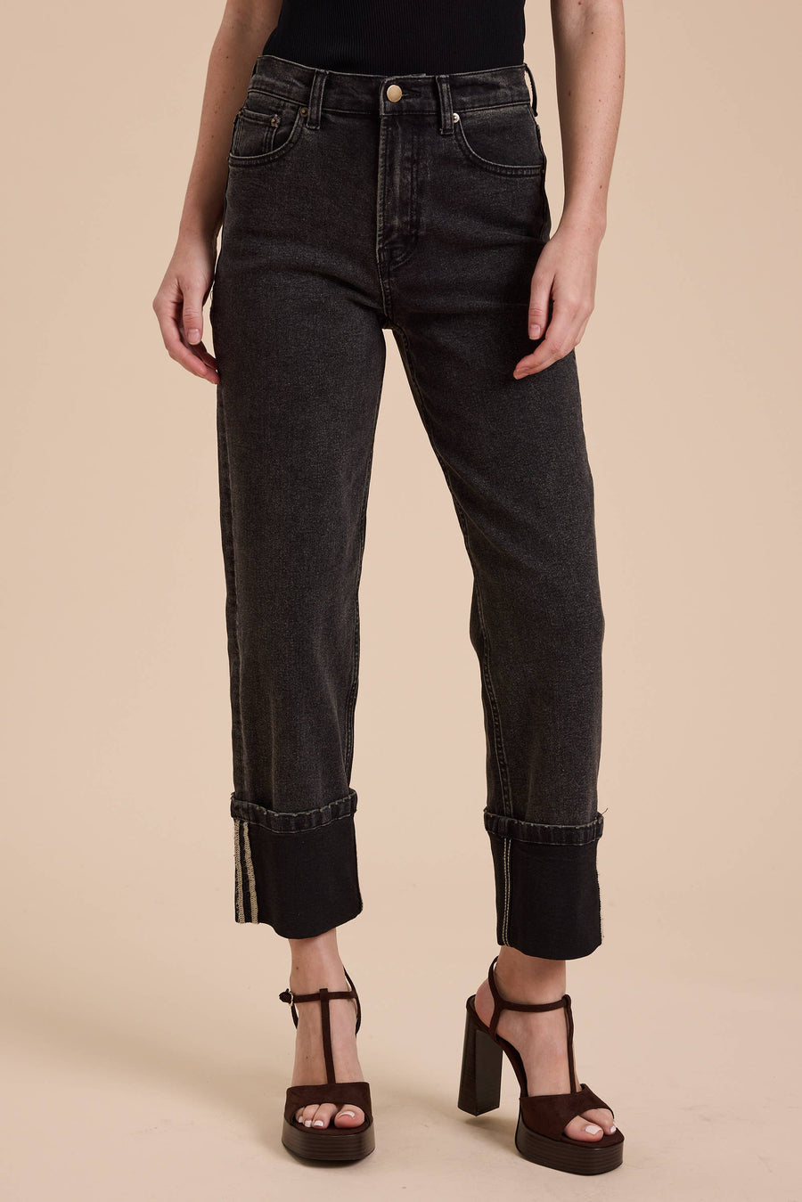Cuffed Borrom Black Denim Pants
