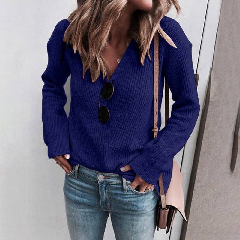 Sweetkama-V-Neck Long Sleeves Knit Top: Light Khaki