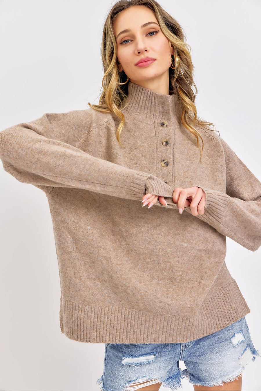 Buttoned High Collar Sweater