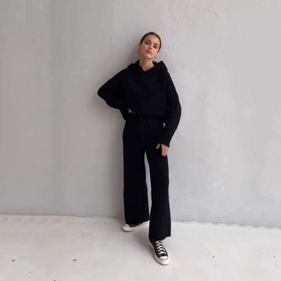 Solid Color Hoodie Top and Pant Set Sweater