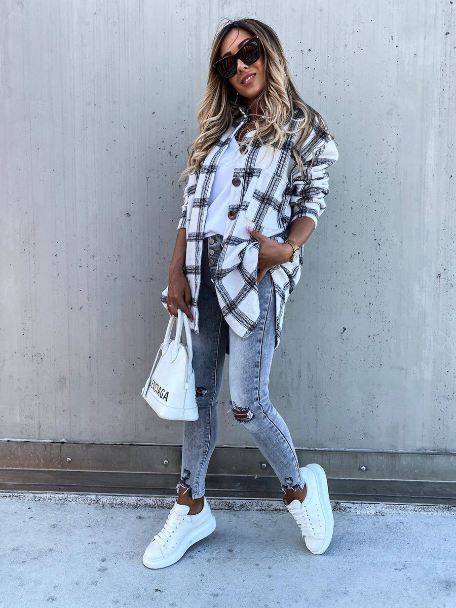 Ladies Button Up Turndown Collar Plaid Shirt