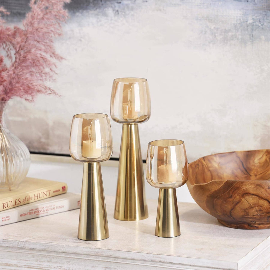 The Light Garden Collection - Set of 3 Gold 2 Tone Glass Candlesticks 8", 10", 12"H