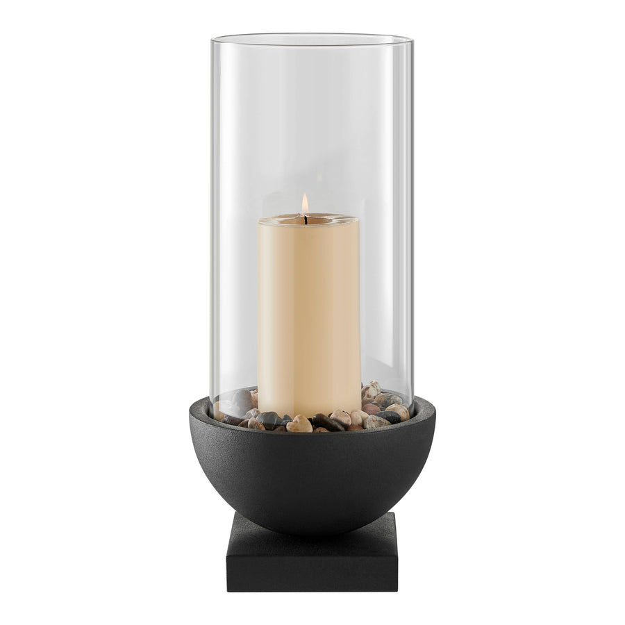 Modern Black Metal Bold Pedestal Glass Pillar Candle Holder: 7" x 7" x 15.25"