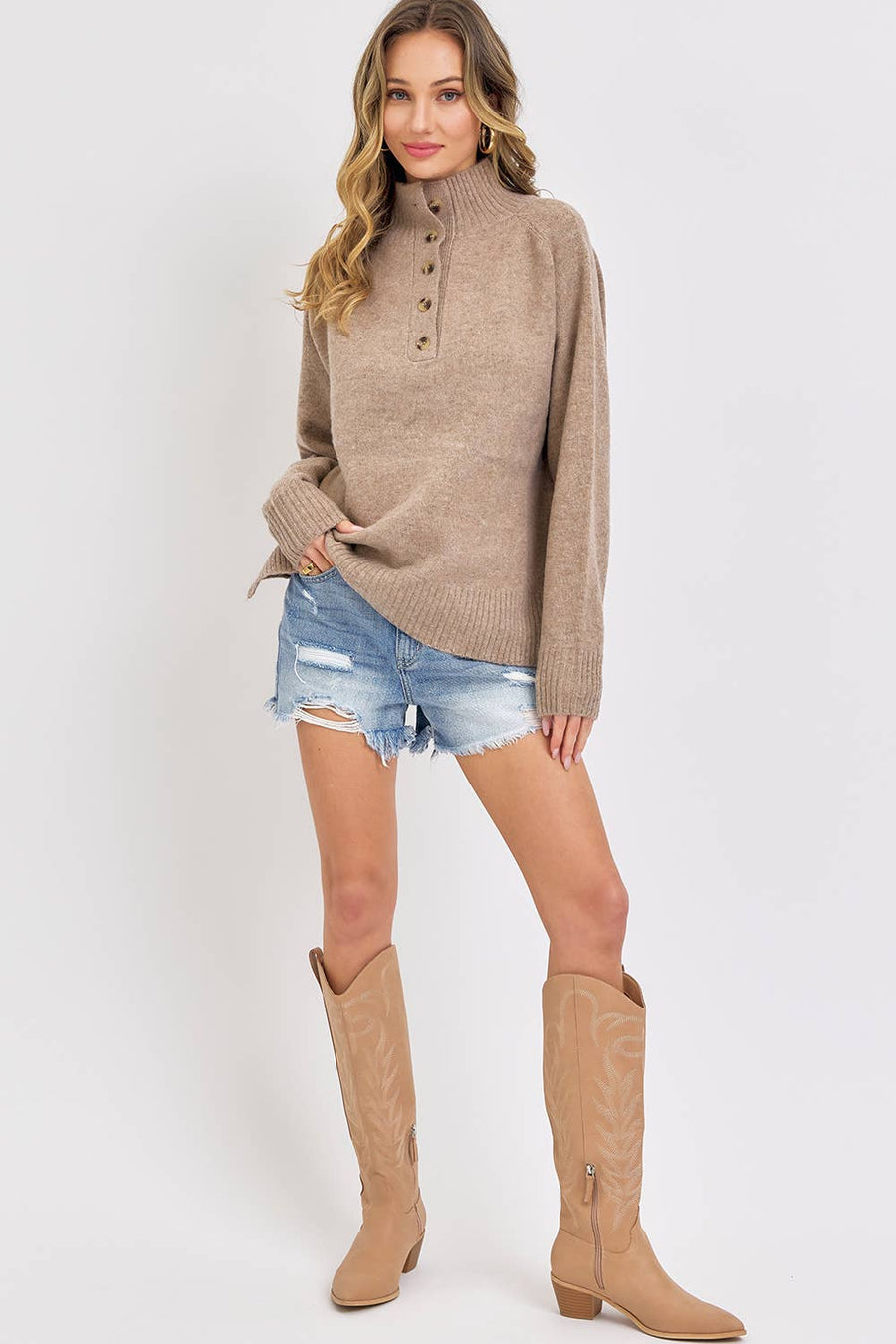 Buttoned High Collar Sweater
