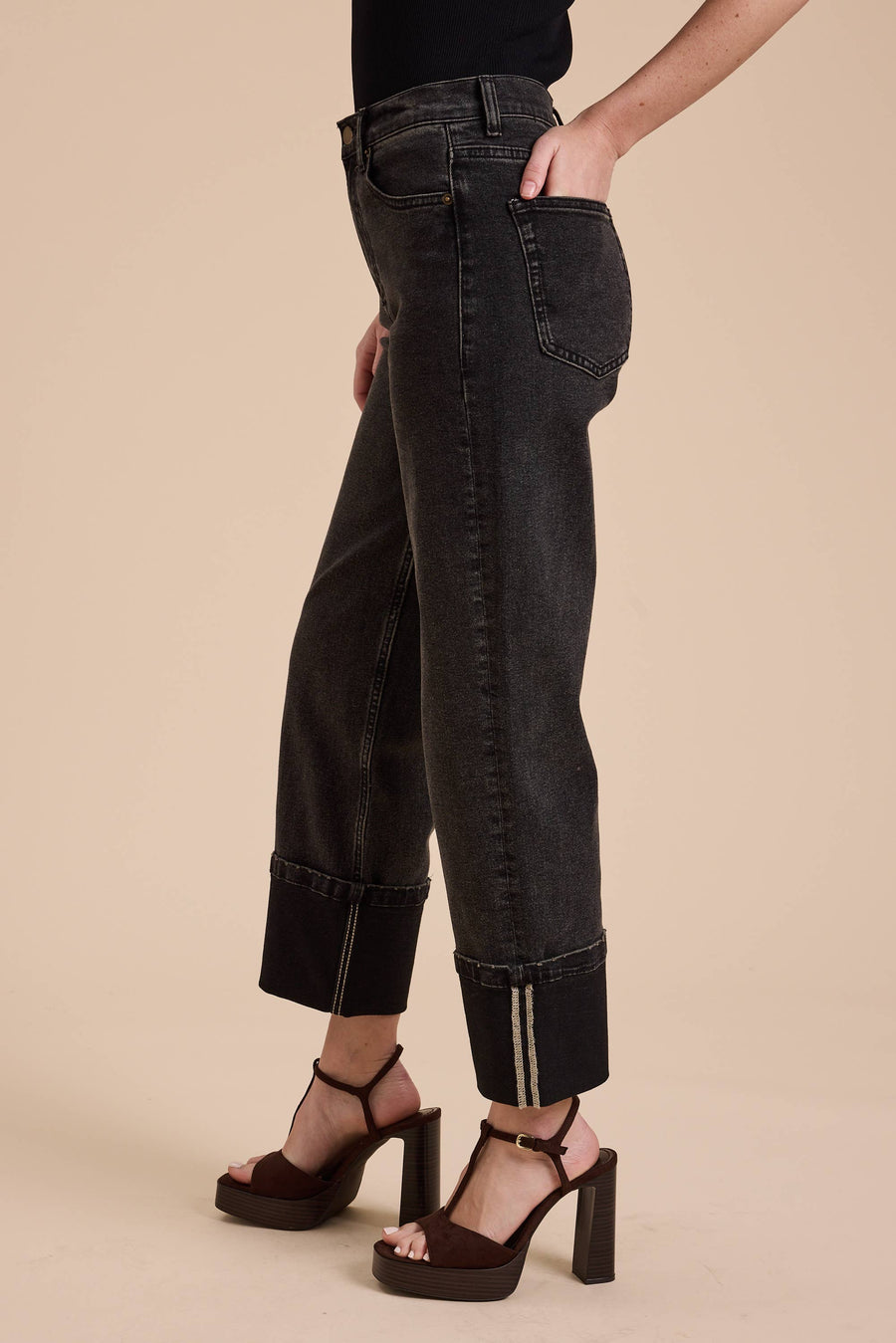 Cuffed Borrom Black Denim Pants