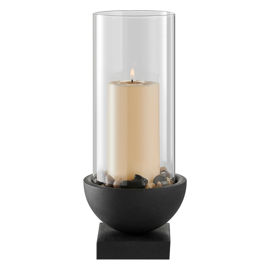 Modern Black Metal Bold Pedestal Glass Pillar Candle Holder: 7" x 7" x 15.25"