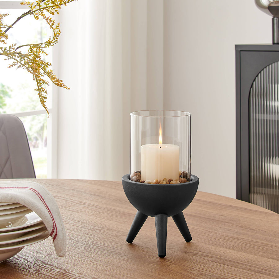 Black Metal Pedestal and Glass Candle Holder: Large