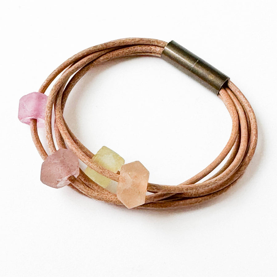 Nest Pretty Things - Natural Leather Bracelet with Pastel Recycled Glass Beads: 7"
