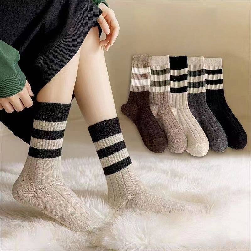 Sweetkama - Ladies Socks/Rib Knit Color Block Stripe Socks/OS