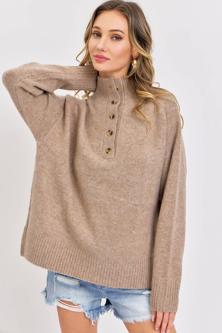 Buttoned High Collar Sweater