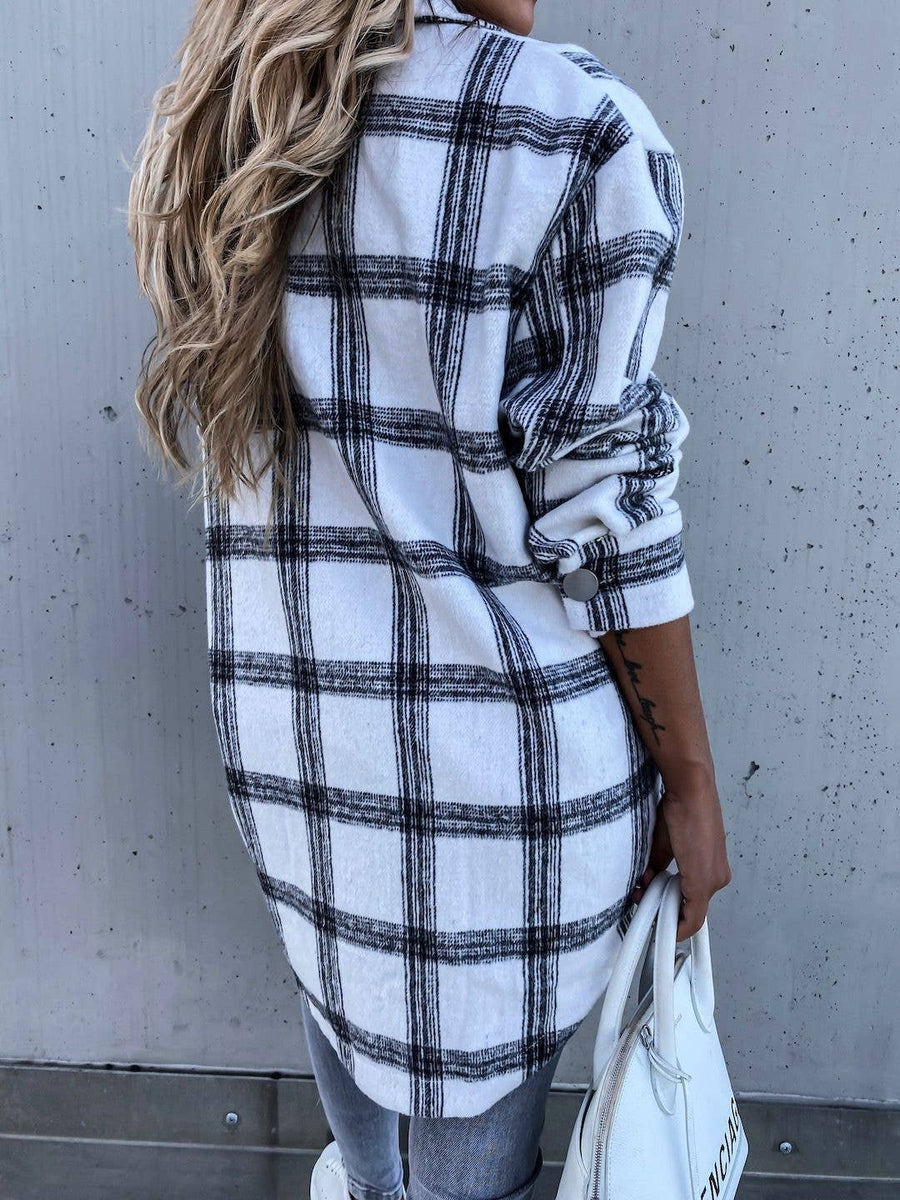 Ladies Button Up Turndown Collar Plaid Shirt