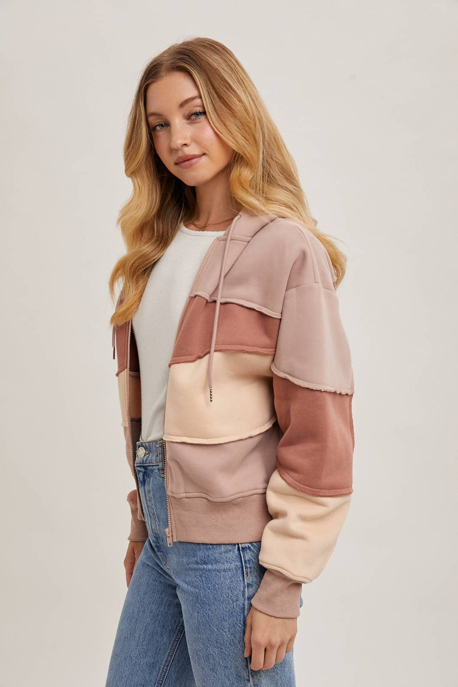 Bluivy -ROSE  ZIP FRONT PATCHWORK HOODIE