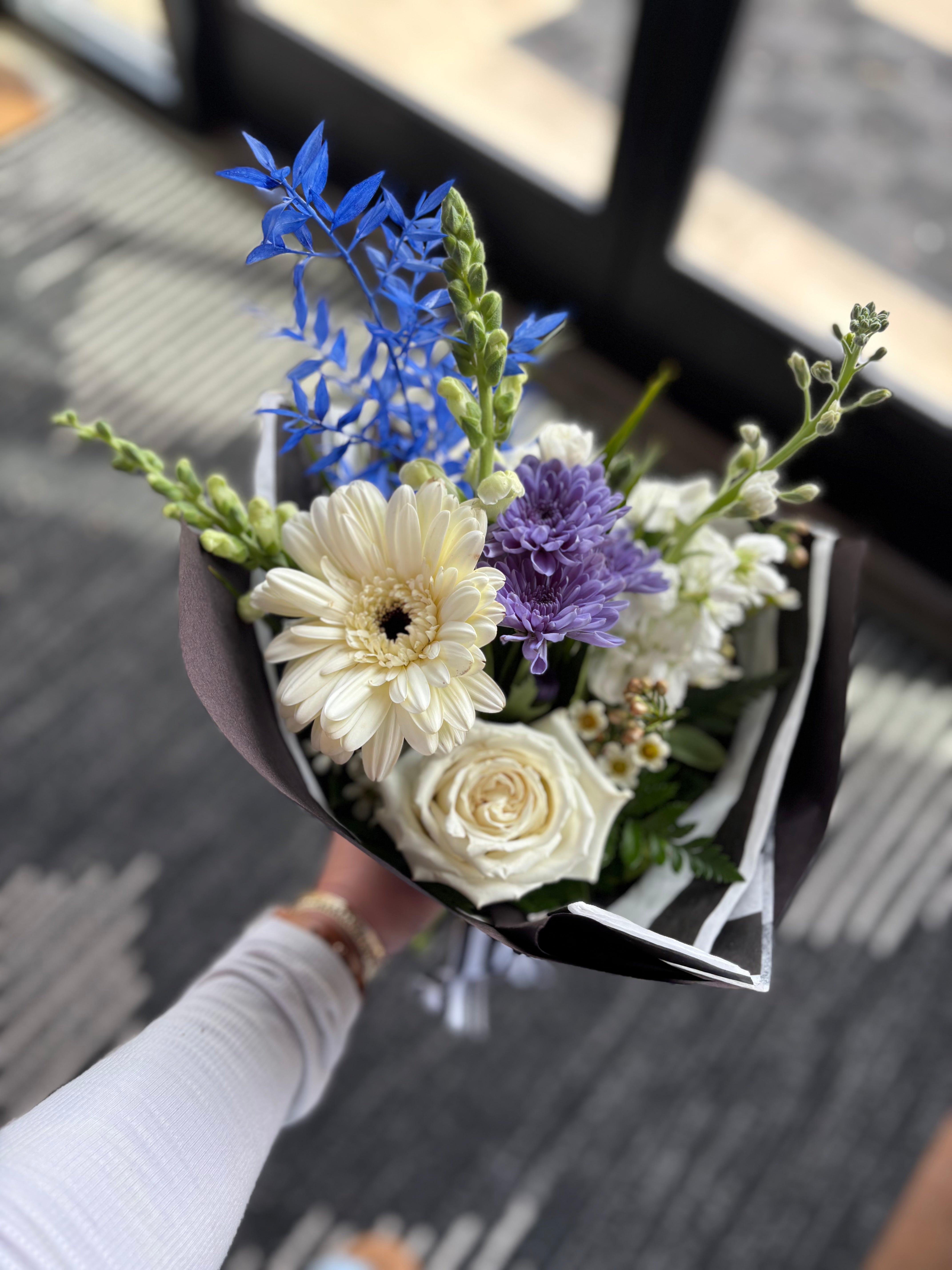 Graduation Hand-Tied Bouquet: Blue and White – LeFleur Floral Design ...