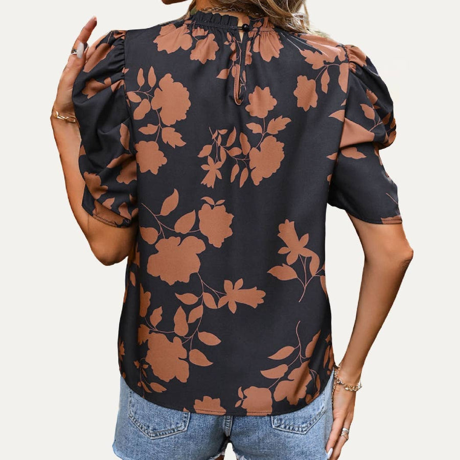 Cute Print Rounded Neck Keyhole Puff Short Sleeve Top