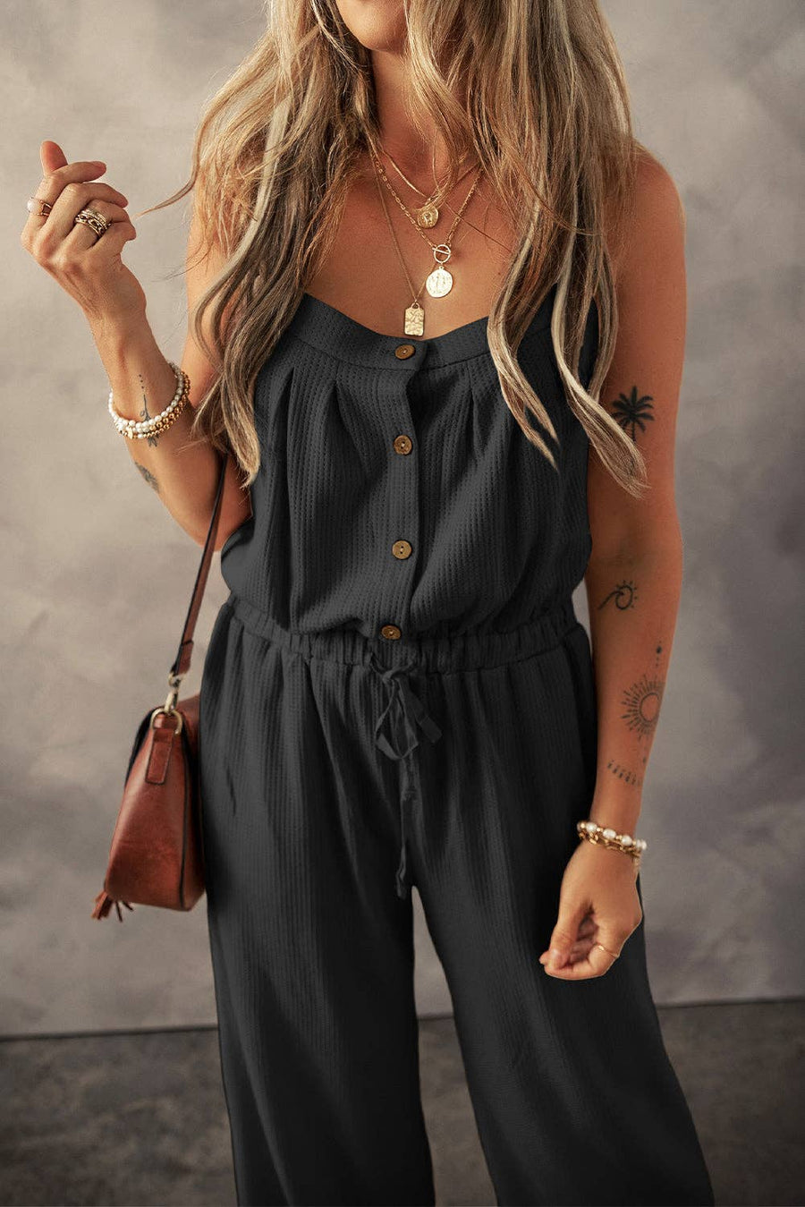 Lovesoft - Women's Knotted Straps Drawstring Jumpsuit: Black