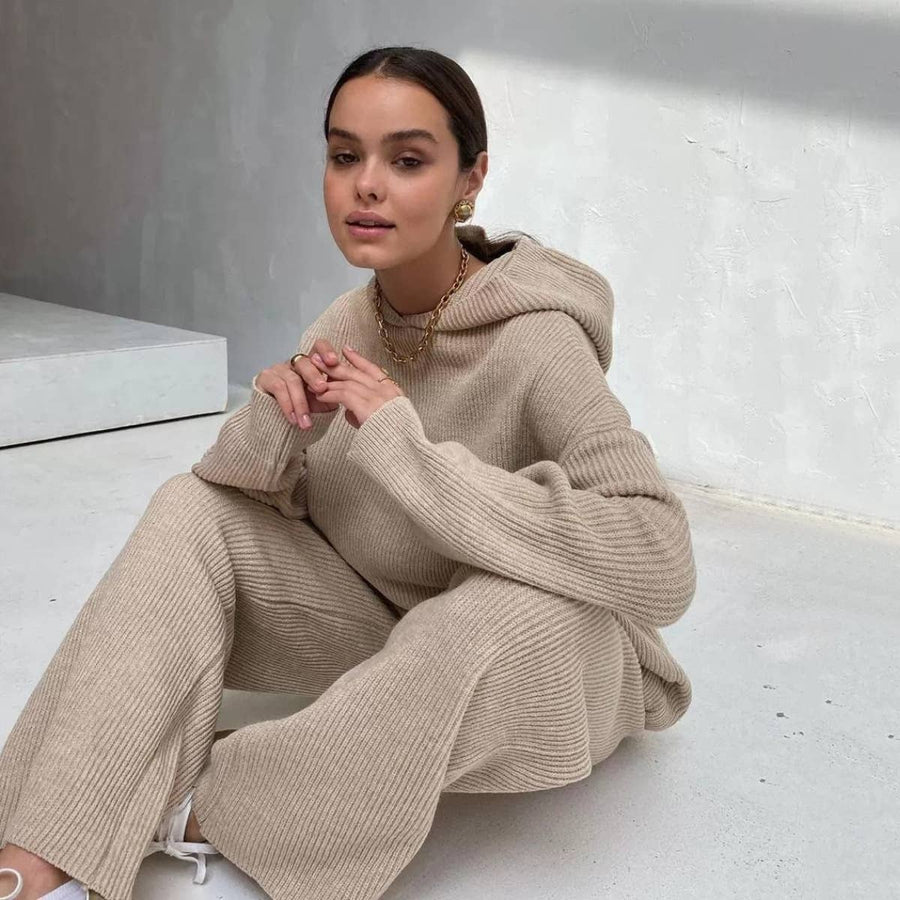 Solid Color Hoodie Top and Pant Set Sweater Set