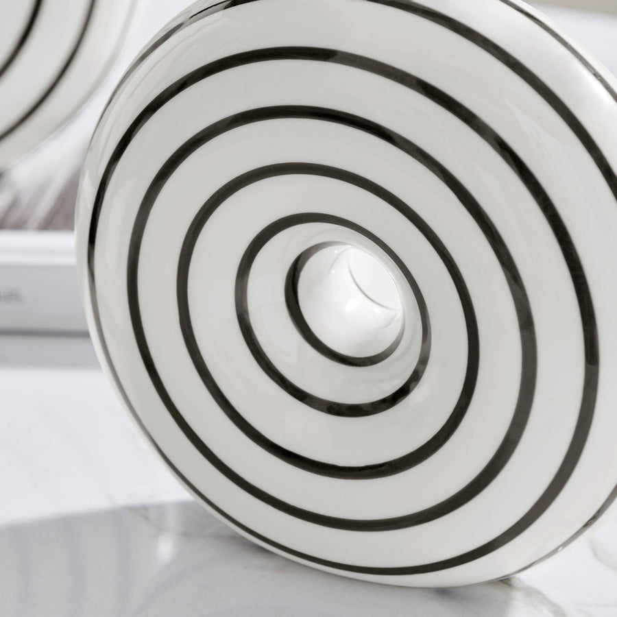 Glossy Ceramic Black White Striped Round Donut Vase Set