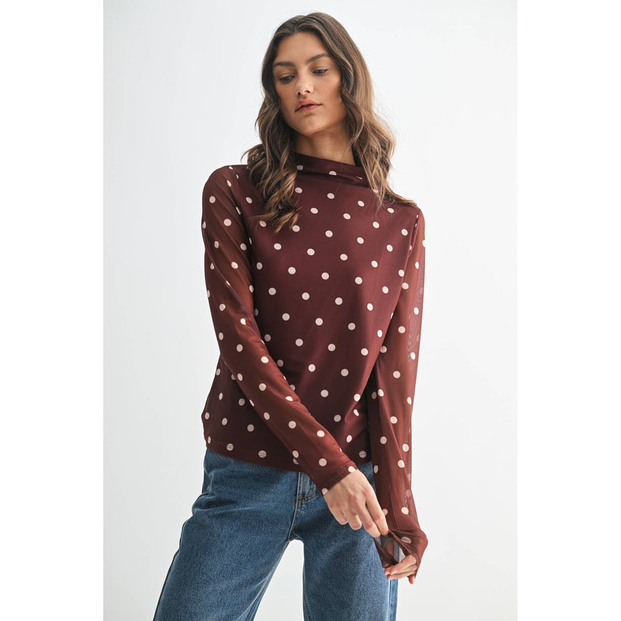 Wishlist Apparel - POLKA DOT MOCK NECK MESH KNIT TOP / WL25-11505: WHITE/BLACK