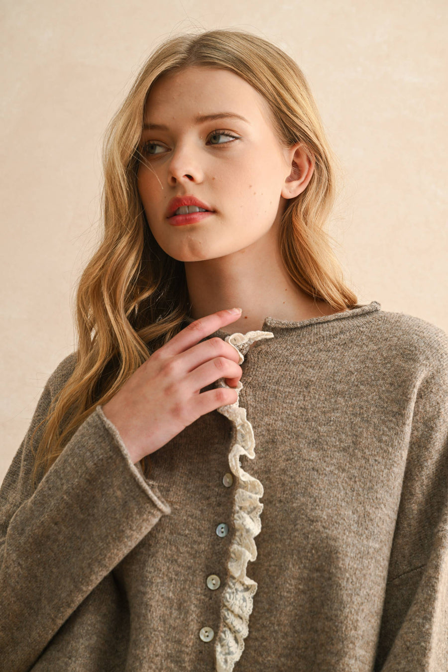 BUTTON FRONT LACE TRIM KNITTED CARDIGAN