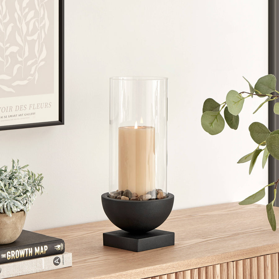 Modern Black Metal Bold Pedestal Glass Pillar Candle Holder: 6" x 6" x 13.5"
