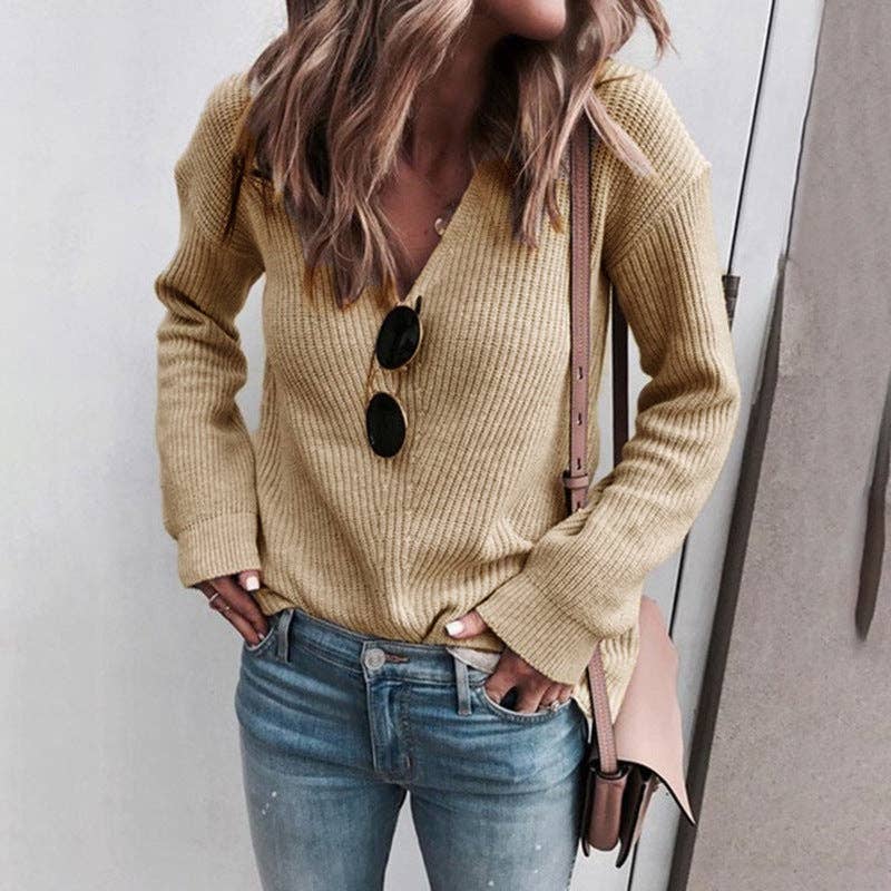 Sweetkama-V-Neck Long Sleeves Knit Top: Light Khaki