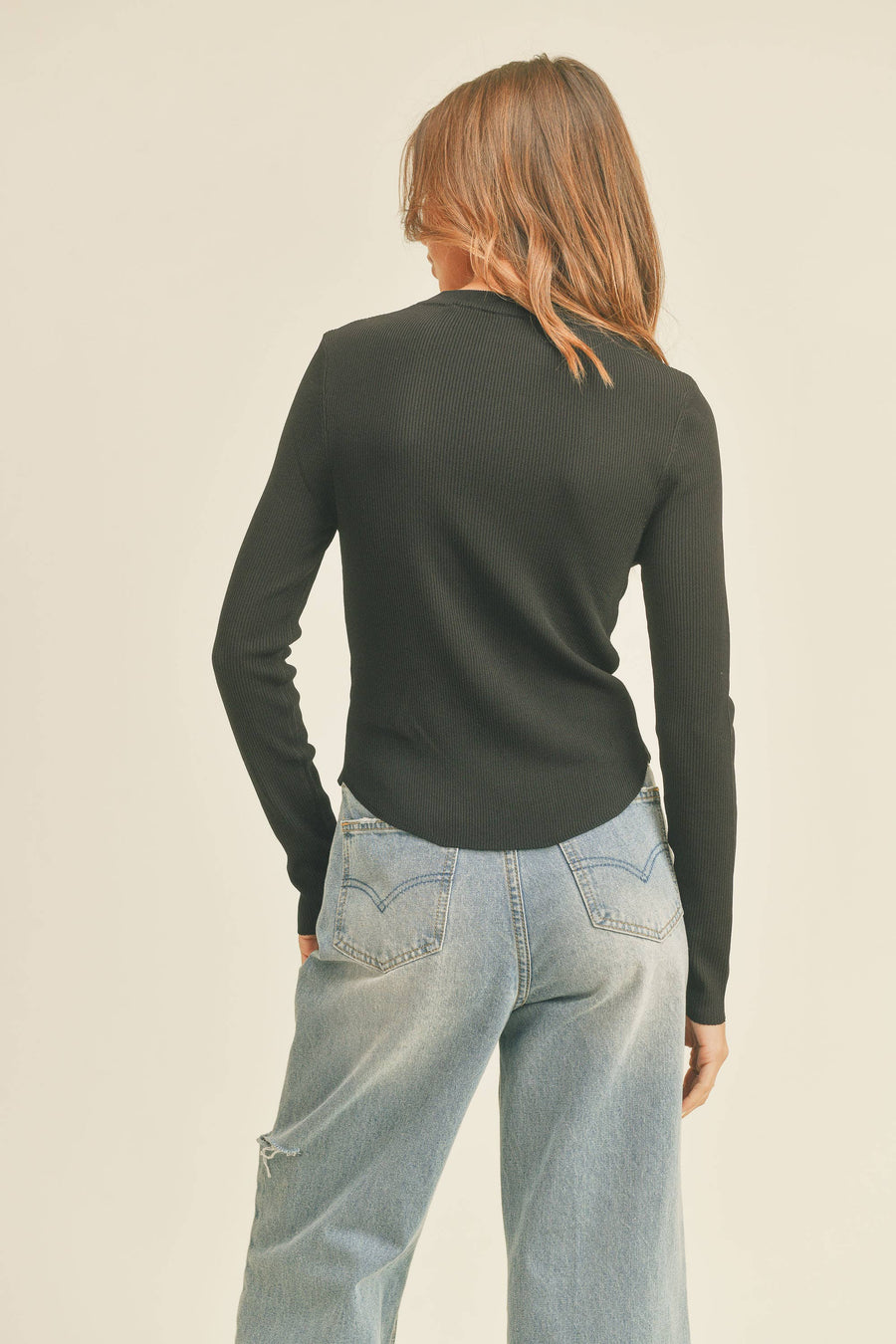 RIBBED LONG SLEEVE BASIC TOP: White
