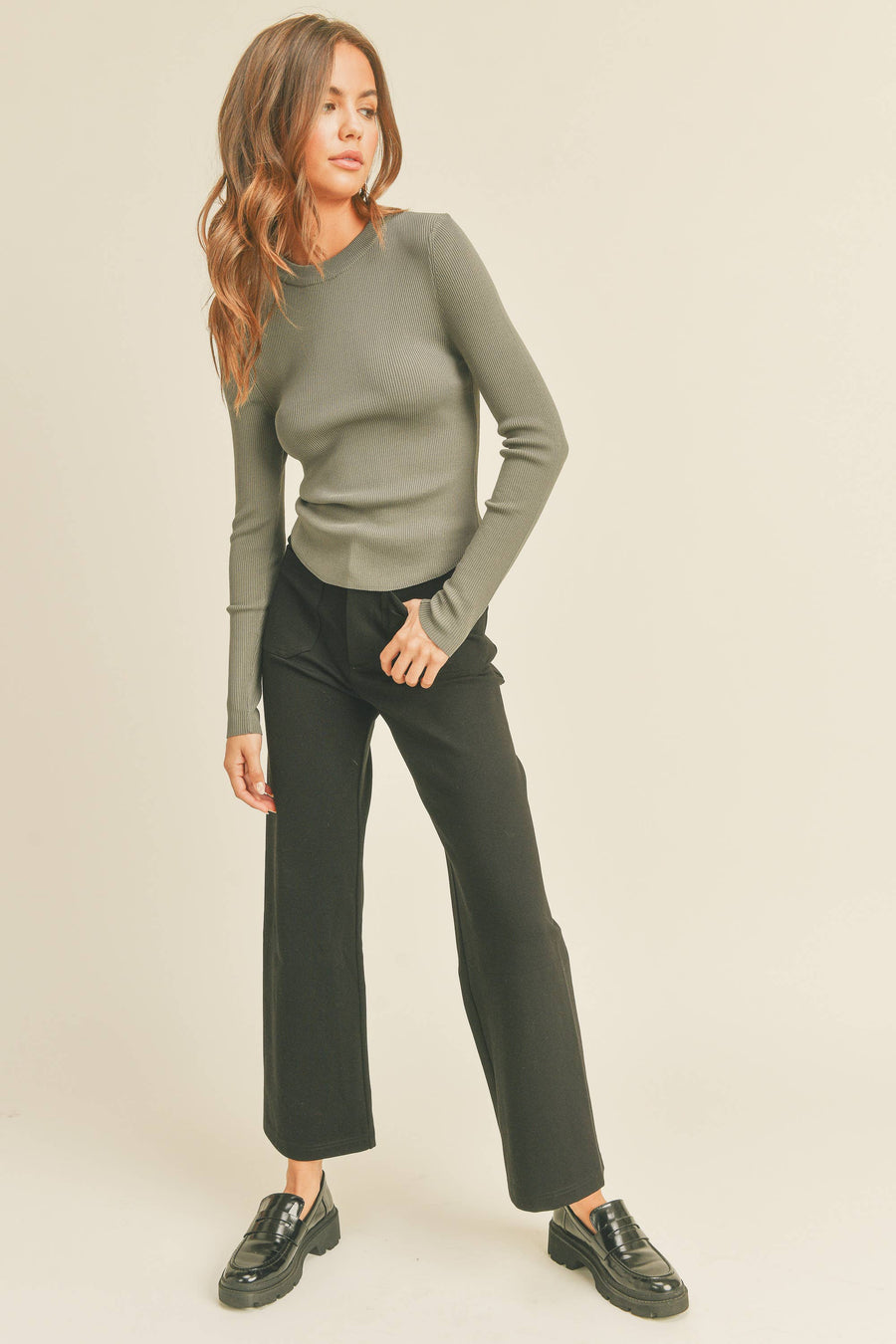 RIBBED LONG SLEEVE BASIC TOP: White