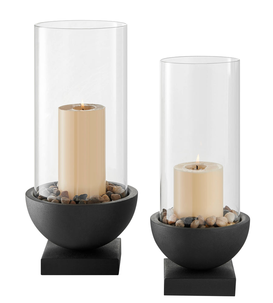 Modern Black Metal Bold Pedestal Glass Pillar Candle Holder: 6" x 6" x 13.5"
