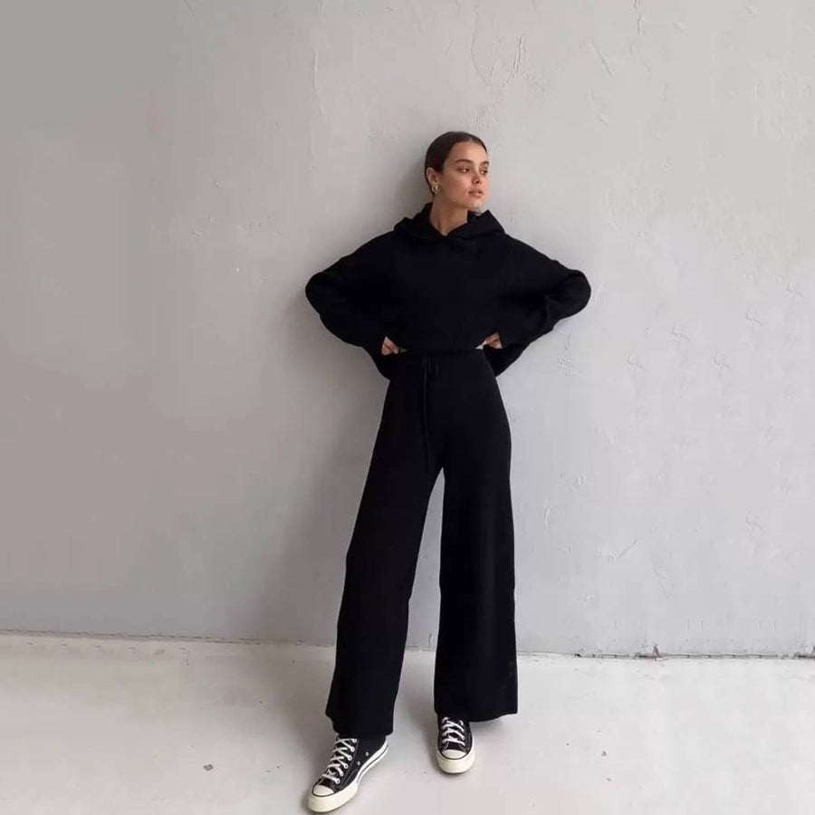 Solid Color Hoodie Top and Pant Set Sweater