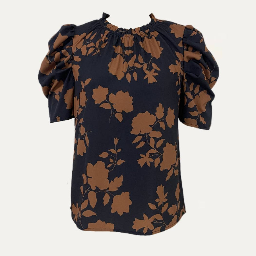 Cute Print Rounded Neck Keyhole Puff Short Sleeve Top