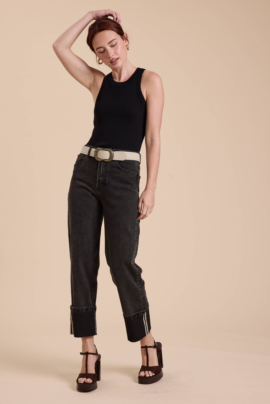 Cuffed Borrom Black Denim Pants
