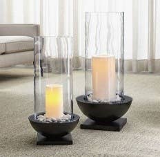 Modern Black Metal Bold Pedestal Glass Pillar Candle Holder: 6" x 6" x 13.5"