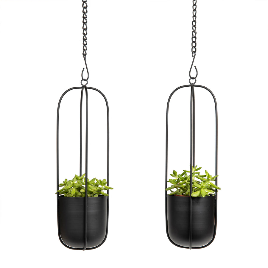 2-Piece Modern Black Oval Hanging Wall Planter Set