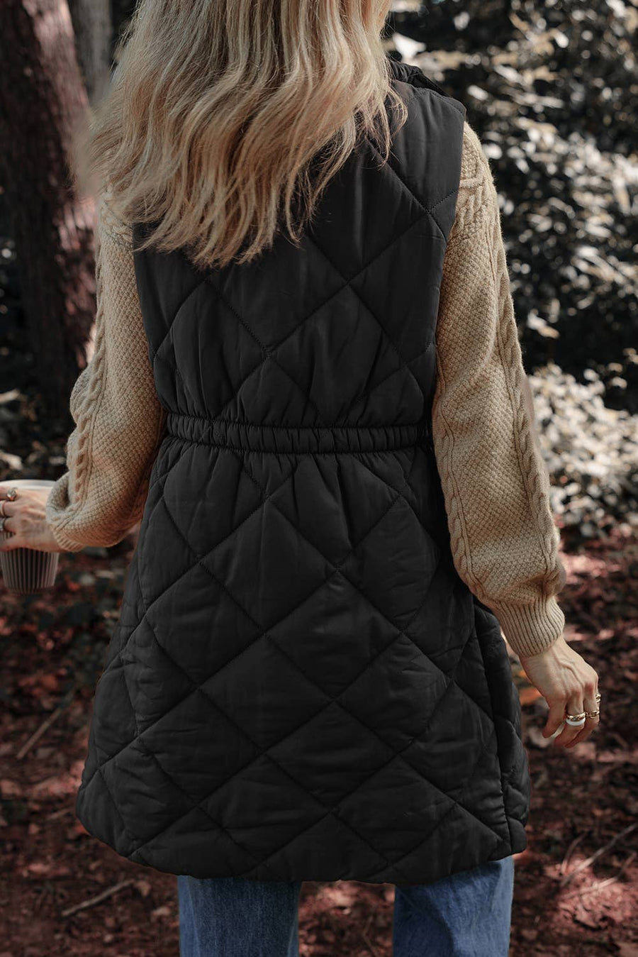 Longline Quilted Stand Collar Puffer Vest: Black