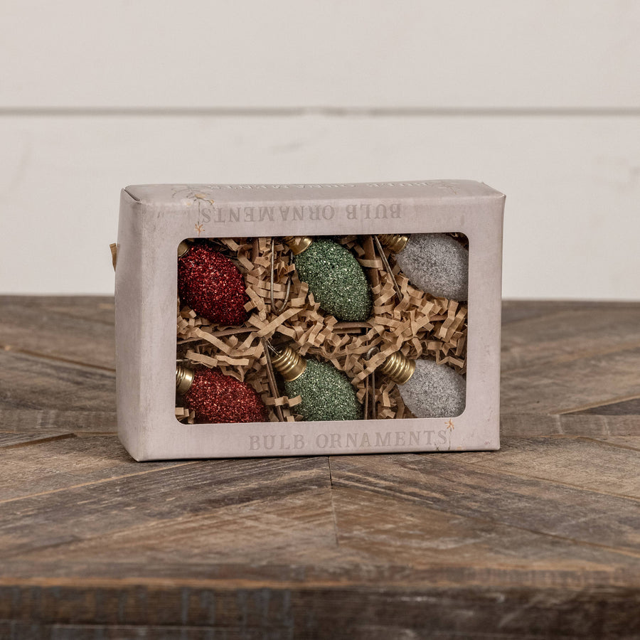 SET/ 6 GREEN, RED & WHITE GLASS GLITTER BULBS
