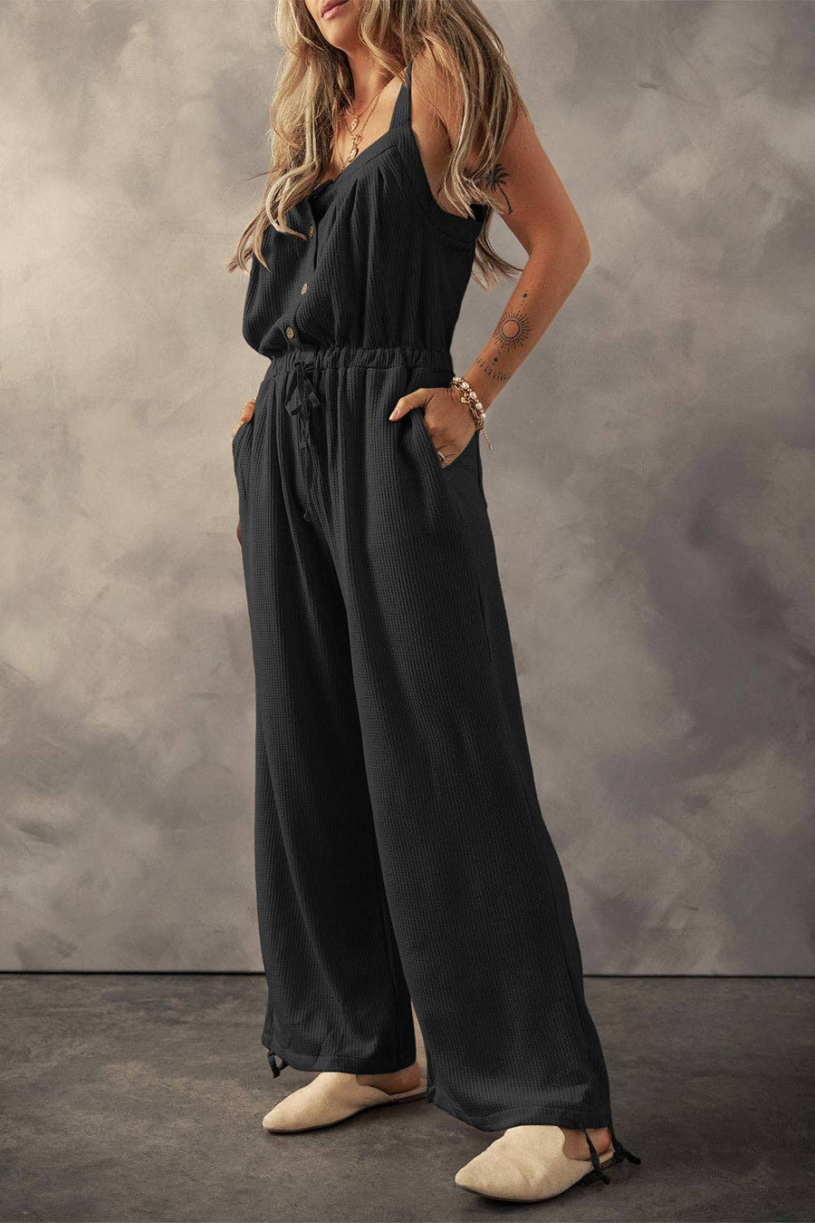 Lovesoft - Women's Knotted Straps Drawstring Jumpsuit: Black