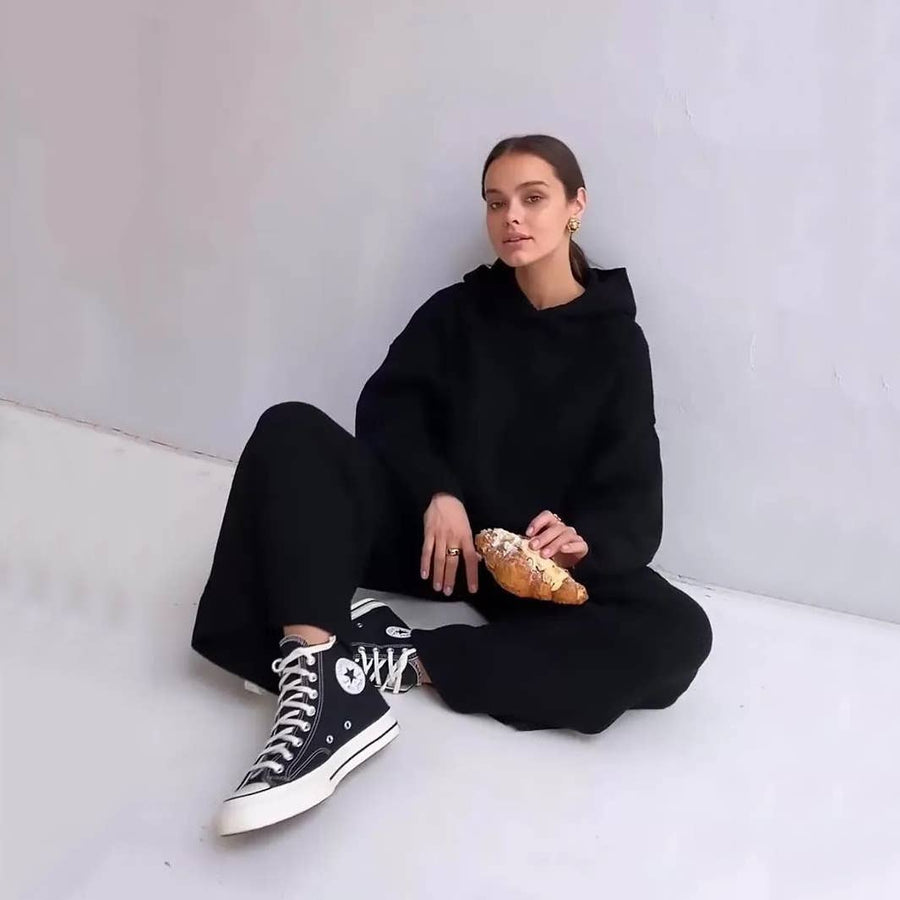Solid Color Hoodie Top and Pant Set Sweater