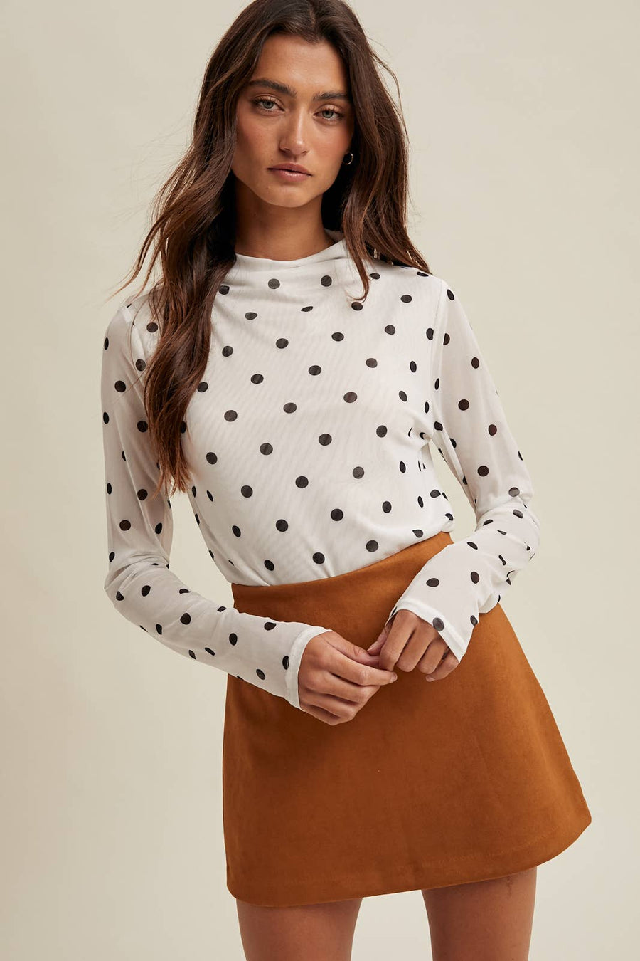 Wishlist Apparel - POLKA DOT MOCK NECK MESH KNIT TOP / WL25-11505: WHITE/BLACK