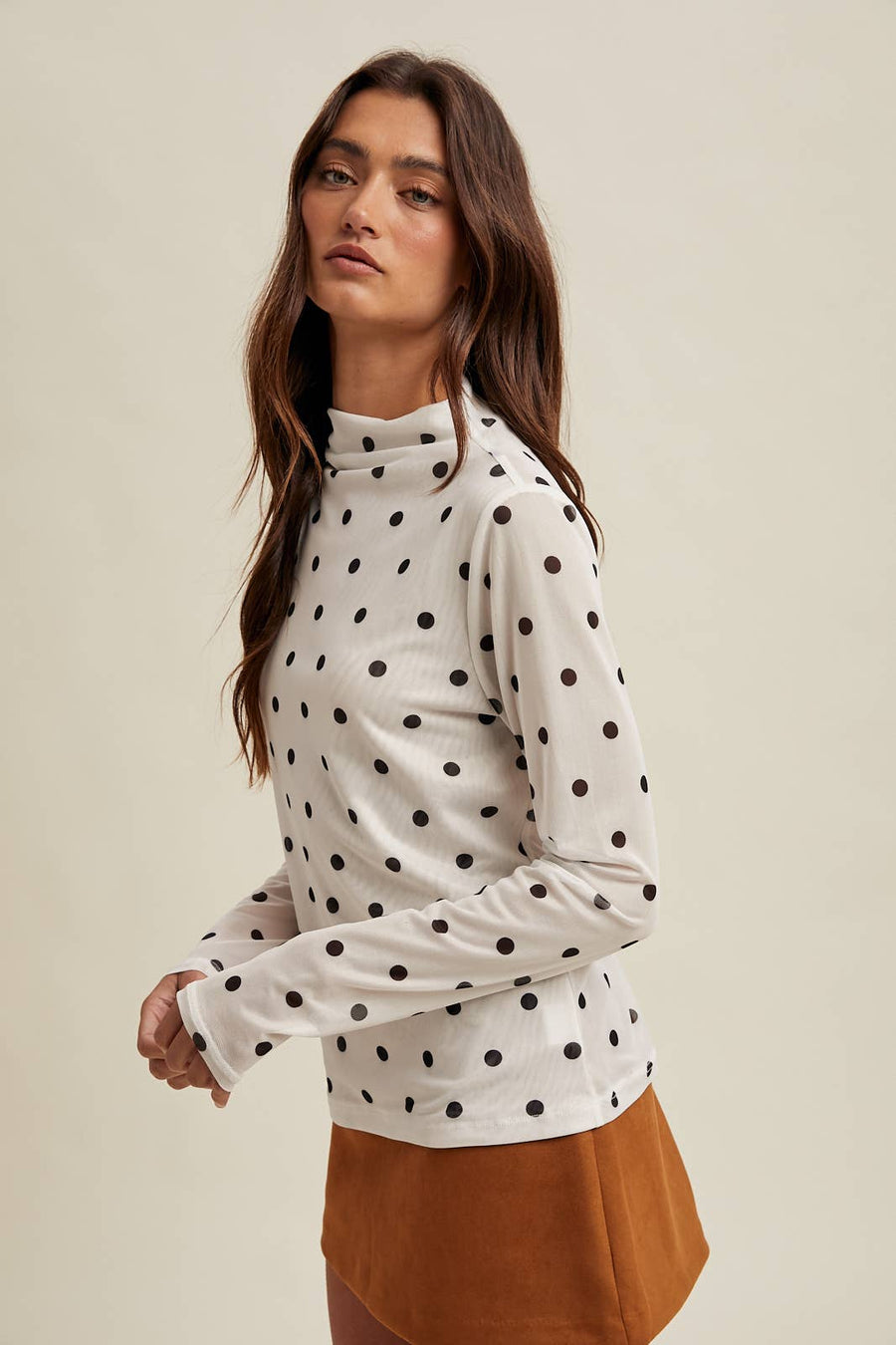 Wishlist Apparel - POLKA DOT MOCK NECK MESH KNIT TOP / WL25-11505: WHITE/BLACK