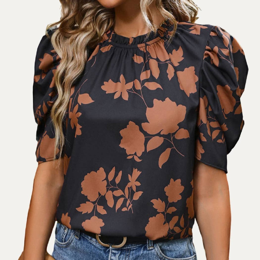 Cute Print Rounded Neck Keyhole Puff Short Sleeve Top