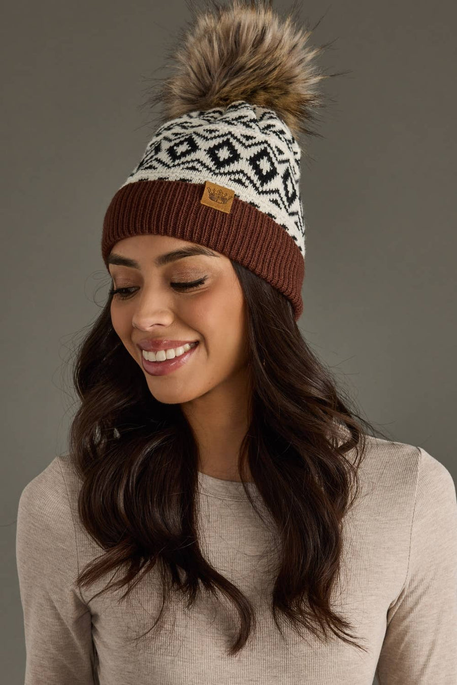 Ivory, Black & Brown Pattern Pom Hat