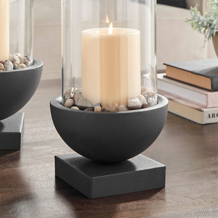 Modern Black Metal Bold Pedestal Glass Pillar Candle Holder: 7" x 7" x 15.25"