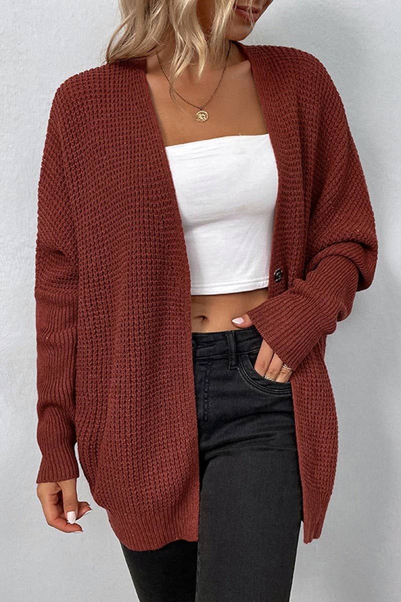 NINEXIS -Rust Snap Button, Long Sleeve Casual Cardigan Sweater